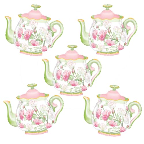 5Pcs Teapot Balloon | Giant 31 Inch Teapot Foil Balloons | Pink Green Let's Par Tea Balloons | Tea Party Decorations | Garden Tea Paty Decoration | Lets Par-Tea Baby Shower Tea Party Birthday Décor