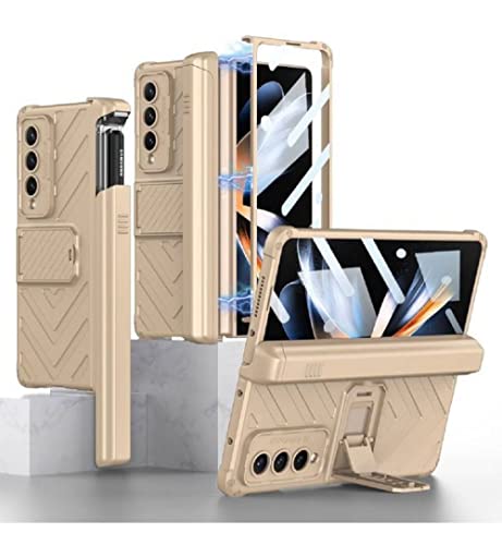 Coque Samsung Z Fold 4 dorée rigide antichoc, étui luxe magnétique avec rangement de stylet