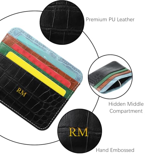 Custom Name Initials Front Pocket Wallet, Crocodile Pattern PU Leather Credit Card Holder, Personalized Letter Monogrammed Embossed, Slim Thin Minimalist Black Card Cases, Gift Idea for Women Men4