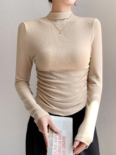Women Mock Neck Ruched Shirt Knitting Long Sleeve Casual Cozy Tight Crop Top4
