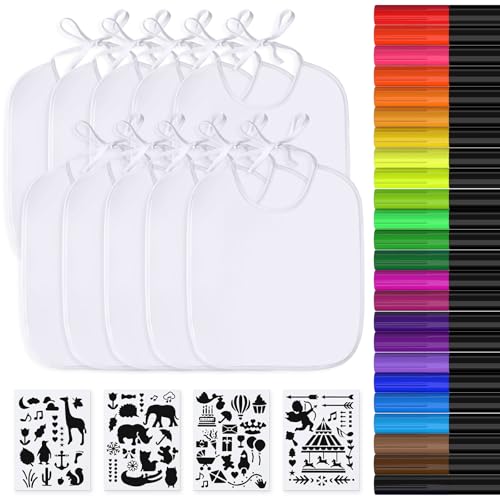 APOGO Baberos Bebe Impermeables, 10pcs Babero Blanco para Pintar, con 24 Rotuladores para Tela y 4 Plantillas, Baberos Bebe para Baby Shower(29.5 x 25.3 cm)