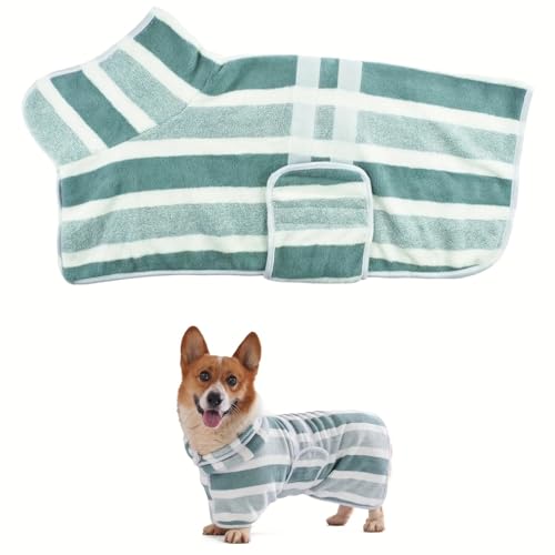 Super Absorbent Quick-Dry Dog Bathrobe - Soft Striped Towel Robe for Pets with Adjustable Belly Strap(Green,Medium)