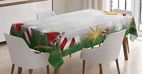 Best Cyber Monday 🔥 Ambesonne Christmas Tablecloth, Xmas Eve Carol Theme Frame Pine Spikes Candy Jingle Hand Bells and Ribbon Image, Rectangular Table Cover for Dining Room Kitchen Decor, 52" X 70", Grey Green