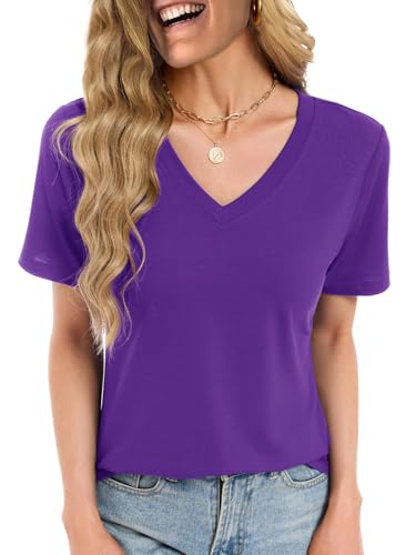 Womens Summer Tops Short Sleeve V Neck T Shirts Loose Fit Blouses Work Plus Size Tunic Vacation Boho Outfits, Dark Purple 3XL