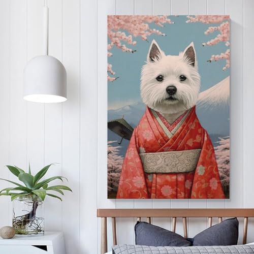 Pop art mural Westie Geisha œuvre d'art moderne sur toile tendue haut de gamme