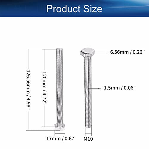 Image of Heyiarbeit M10 Hex Bolt M10-1.5 x 120mm UNC Hex Head Screw Bolts 304 Stainless Steel Fully Threaded Hex Tap Bolts 2pcs