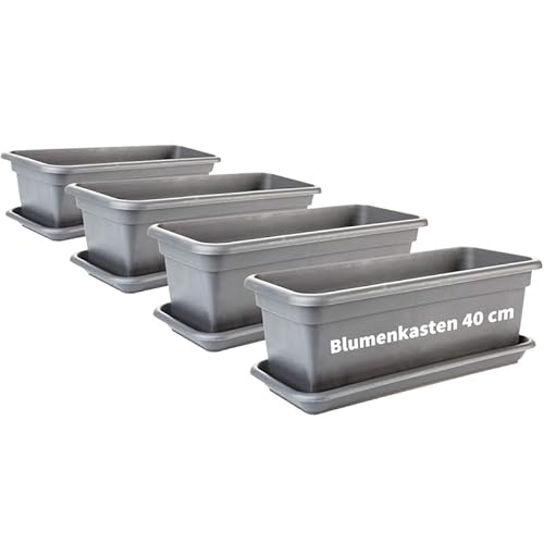 2friends Balkon Blumenkasten Set 40cm, 4er-Pack, mit Untersetzer, Kunststoff, EU-Fertigung, Anthrazit
