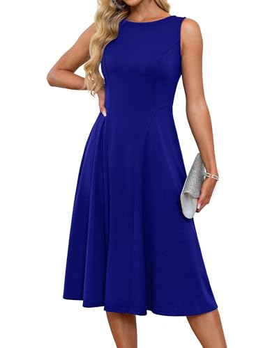 Damen Ärmelloses Sommerkleider 2025 Formelles A-Linie Fit and Flare Midikleid Vintage Brautjungfernkleider für Hochzeit Königsblau S