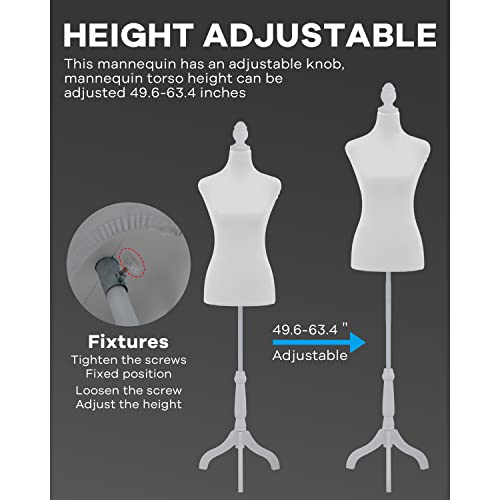 Mannequin Torso Stand - Adjustable Height 49.6-63.4in Female Dress Form for Sewing - Portable Display with Wooden Tripod Base, Foam Body (White)