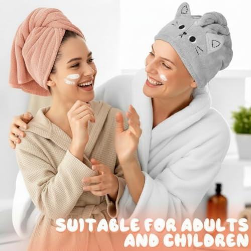 Tatuo 2 Stück Mikrofaser Haartuchwickel Absorbierender Haartuch Schnelltrocknend Haarturban Anti Frizz Haarhandtuch Haartrockentuch für Frauen(Dunkelrosa, Blaugrau,Katze)