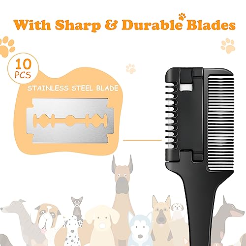 Razor Comb for Dogs Cats with 10 Pcs Extra Blades, Pet Razor Comb 2 in 1 | Trimming & Grooming, Dog Cat Brush that Cuts Hair, Hair Cutter Comb for Dog Cat, Pet Hair Trimmer Grooming Comb for Dog Cat