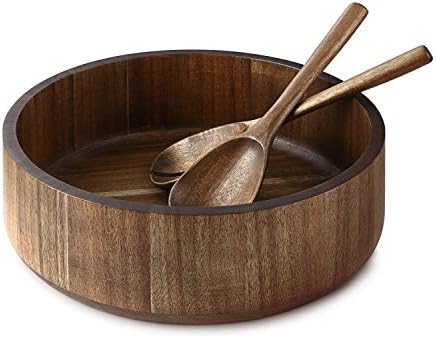 Miusco Large Wooden Salad Bowl, Natural Acacia Wood Salad Serving Bowl and Servers Set, 30 cm, 6 L, Premium Handcrafted Wood Fruit Bowl and Utensils Set