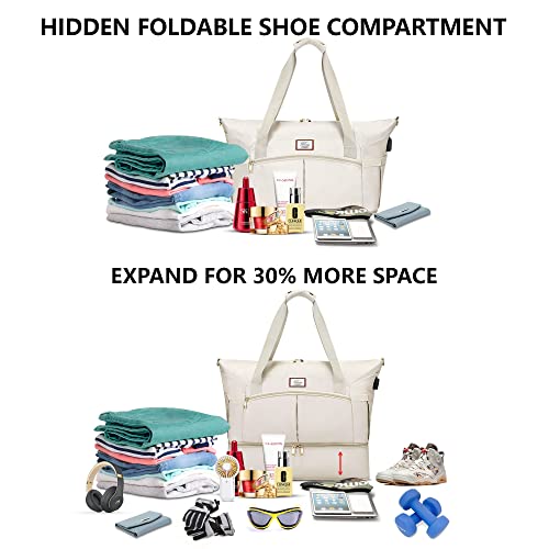 Travel Bags For Women, Sports Gym Duffle Bag With Foldable Shoe Compartment, Large Weekender Overnight Bag With Wet Pocket And Usb Charging Port For Women Girls Traveling, Gym Tote, Yoga (Beige) #TOP1
