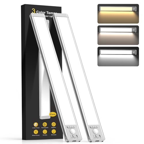 14.7inch Under Cabinet Lighting with 3 Color Temps, 2 Pack Rechargeable Motion Sensor Light Indoor, 5 Levels Dimmable Magnetic Closet Lights, Wireless Under Counter Lights for Kitchen, Stairs