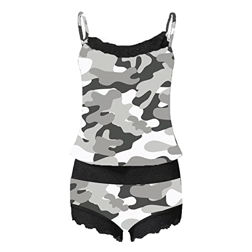 Generic Pajamas for Women Camo Print Lace Trim Lingerie Sets Bra Top and Panty 2-Piece Set Teddy Babydoll Sleepwear Gray, Medium