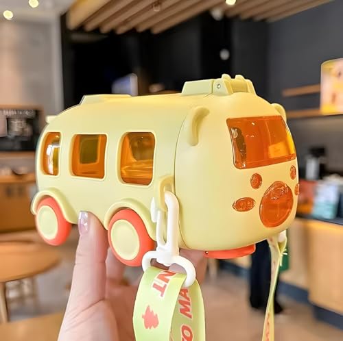 Image of PLUSPOINT Bus Water Bottle for Kids Detachable Straw Water Cup with Shoulder Strap Leak-Proof Kids Drink Cup Cute Cartoon Water Jug Toy with Wheels Toddler Water Bottle for Boys and Girls