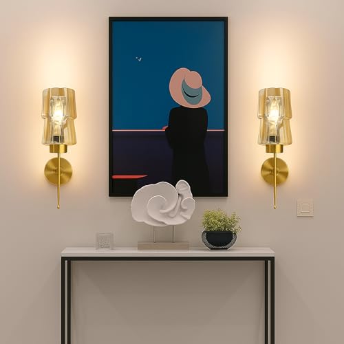 Image of SINOMAN Modern Golden Wall Lamp Amber Glass Shade Stylish Metal Body Decorative Indoor Sconce Lighting Fixture Wall Light Fixture for Living Room, Staircase, Bedroom and Home Decor (with Bulb)