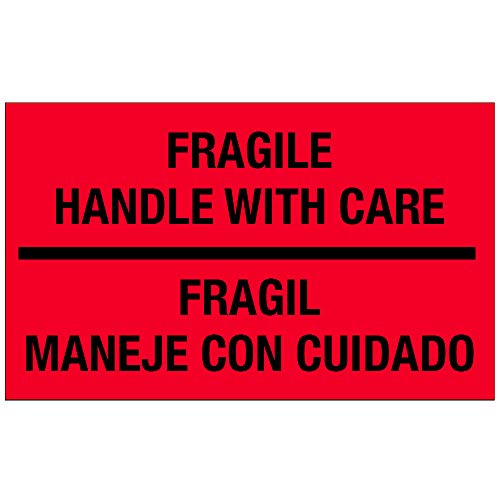TapeCase Shipping Packing Labels "Fragile Handle with Care/Fragile Maneje Con Cuidado", Red/Black - 500 per Pack (1 Pack)