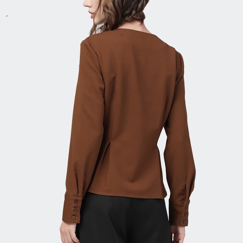 Chemise asymétrique Couleur Bonbon pour Femmes, Simple Boutonnage, Manches Longues, col en v, Taille Haute, Hauts Slim, Chemisiers de Bureau d'automne (Marron S)