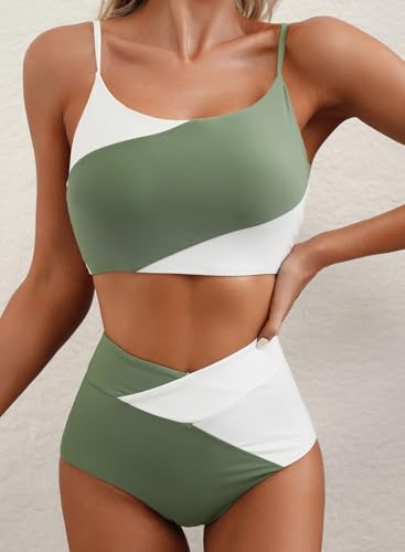 Herseas Women Two Piece Cheeky Scoop Neck Bikini Color Block Swim Crop Top Popular Swimsuit Sporty High Waisted Best Bathing Suit Bottoms Casual Vacation Outfits Green Large — view 2