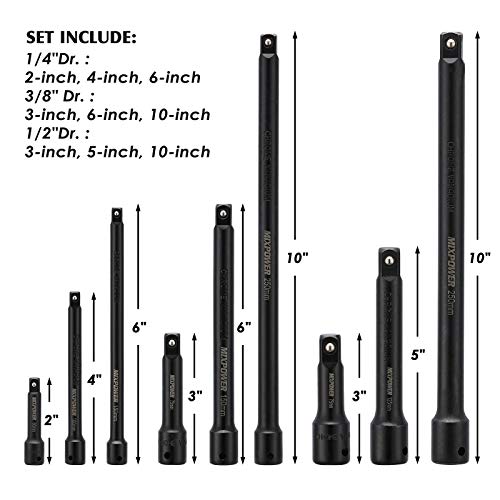 Mixpower 9-Piece Extension Bar Set, 1/4", 3/8" And 1/2" Drive Socket Extension, Premium Chrome Vanadium Steel With Black Phosphate Finish, Engineered For Impact Drivers #TOP3