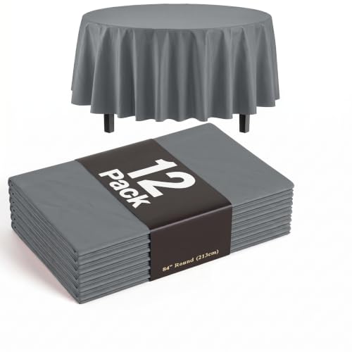 Exquisite 12-Pack Premium Plastic Tablecloth 84in. Round Table Cover - Silver Exquisite 12-Pack Premium Plastic Tablecloth 84in. Round Table Cover - Silver