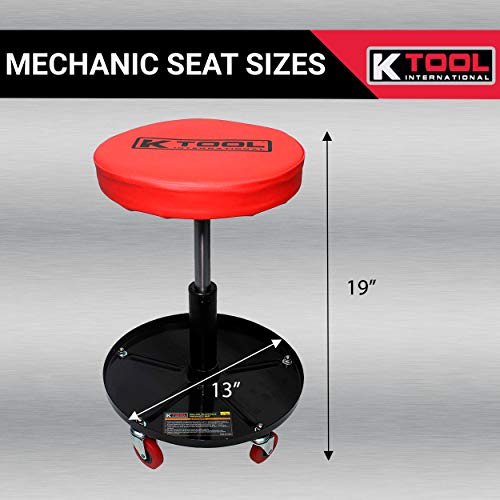 K Tool International 74971 Adjustable Rolling Mechanic Seat For Garages, Repair Shops, And Diy, Pneumatic Lift, (5) 2.5" Swivel Casters, Height Range 14" To 19", 12" Padded Seat, Tool Tray, Black/Red #TOP4