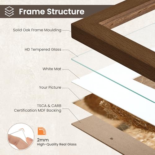 Image of FLYJOE 22x28 Oak Wood Picture Frame with Mat for 18x24, 22 by 28 USA-Sourced Natural Solid Wooden Poster Frame for Wall Display, Tempered Real Glass, Hanging Hardware Included, Walnut Color
