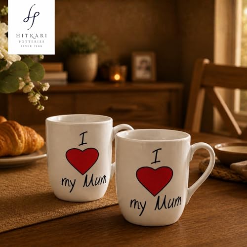 Image of Hitkari Potteries Mugs Set of 2 350ml | Coffee Cups & Mug for Women | Porcelain Coffee Mugs for Morning & Evening | Tea Mugs for Gift Birthday | Mug for Mom | I Love You Mum
