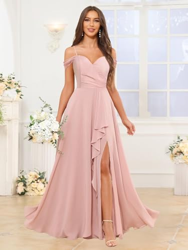 Bridesmaid Dresses for Women Off The Shoulder Ruffles V-Neck Pleated Formal Evening Gown with Slit4