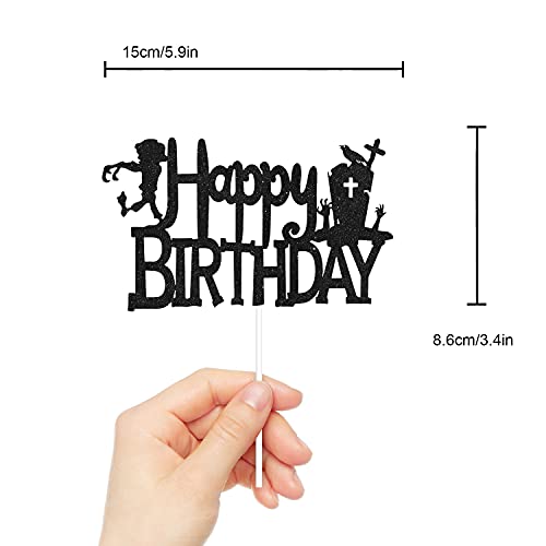 Happy Halloween Spooky Zombies Happy Birthday Cake Topper - Tombstone Zombies Halloween Black Glitter Cake Topper - Cartoon Kids Birthday Game Videos Halloween Party Derocation #TOP3