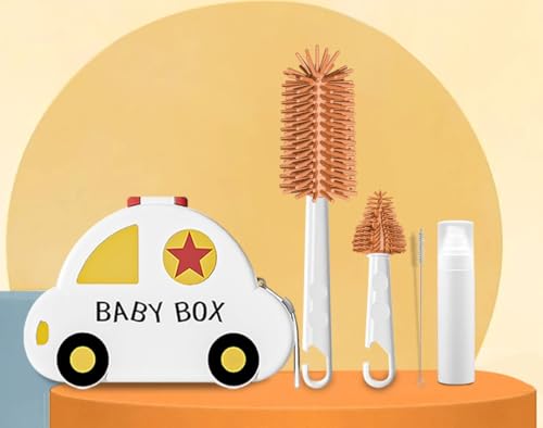 Image of Tony Stark 6-in-1 Baby Bottle Cleaning Brush Set - Includes Silicone Bottle Brush, Nipple Cleaner, Straw Brush, Soap Dispenser, Storage Box, and Bottle Drying Rack |Silicone Bristles (Car Design)