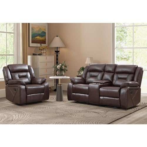Image of EBELLO Manual Recliner Sofa Set, Faux Leather Reclining Living Room Furniture Set, Included Single Recliner Chair and Manual Loveseat Sofa, Dark Brown