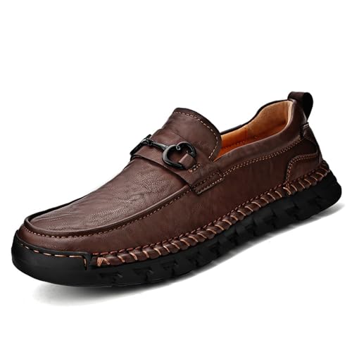 Men's Soft Leather Platform Slip-On Loafers Fashion Metal Buckle All-Match Non-Slip Flat Casual Walking Shoes