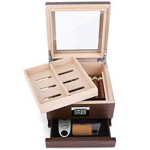 Handmade Cedar Cigar Humidor, Natural Wood Texture Glass Top Cigar Humidor Case for 30-50 Cigars, Digital Hygrometer Humidifier and Accessory Drawer, Desktop Humidors(30-50 Cigars)