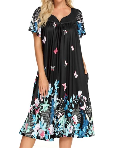 Image of Bloggerlove Mumu House Dress for Women with Pockets Short Sleeve Nightgowns | 15% Cotton, 80% Polyester, 5% Spandex, Floral Mumu House Dress, V-Neck, Short Sleeves, Midi Length, 2 Side Pockets, Lounging