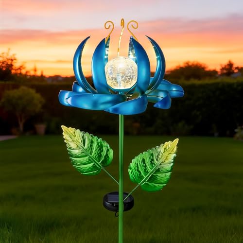 Image of Solar Yard Lights Wind Spinners- Metal Lotus Flower Garden Decor LED Crackle Glass Globe Yard Art Sculpture Solar Stake Lights for Patio Pathway Lawn Walkway (Blue-Large)