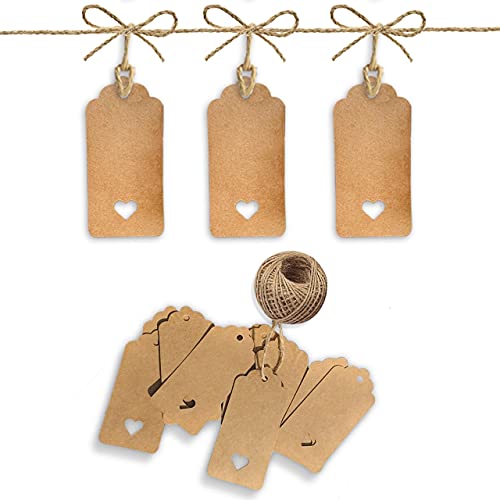 PCP 100 Pcs Gift Tags 9x4.5cm Kraft Paper Tags with 30m Jute Twine String for Arts & Craft, Luggage Label, Weddings