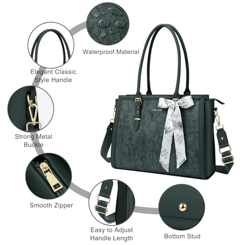 MOSISO Laptop Bag for Women, 15.6-16 inch PU Leather Tote Bag Compatible with MacBook, HP, Dell, Asus Notebook, Front Embossed Retro Hibiscus Computer Bags with Silk Scarf&Clutch Purse, Emerald Green by MOSISO - Image 4