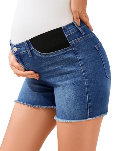 Image of PACBREEZE Women's Maternity Mid-Rise Stretch Denim Shorts Trendy Soft Frayed Hem Pregnancy Shorts, S-XXL