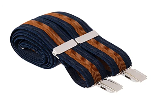 Bretelles de pantalon rayées élastiques 35 mm de large 4 pinces argentées Couleurs assorties, Bleu marine avec rayures bronzes, XL (122 cm grande longueur) Cover