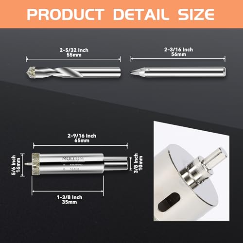 Image of MOLLOM 5 /8 inch (16mm) Diamond Hole Saw with 2 Pilot Drill Bit | Tile Hole Saw Smooth Cutting Porcelain Tiles,Ceramic,Marble,Granite