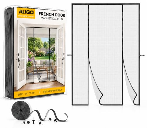 Image of AUGO French Door Magnetic Screen Door - Self Sealing, Heavy Duty, Hands Free Mesh Partition Keeps Bugs Out - Pet and Kid Friendly - Patent Pending Keep Open Feature - 74 Inch x 81 Inch