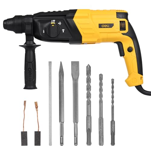 Image of Deli DL-DC26-E1 800W 26mm Corded Electric Rotary Hammer Drill with 0-1150RPM No Load Speed 3 Modes 220-240V~50 /60Hz Machine for Home Wall & Floor Drilling (Pack of 1, Yellow and Black)