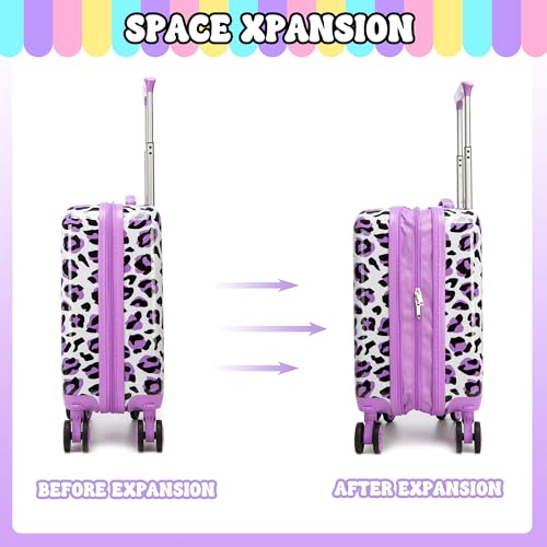 Image of Kids Luggage with Spinner Wheels Carry on Suitcases for Girls 2 Piece Luggage Sets 16 inch Toddler Suitcase for Kids Rolling Suitcase Airline Approved (Purple Leopard)