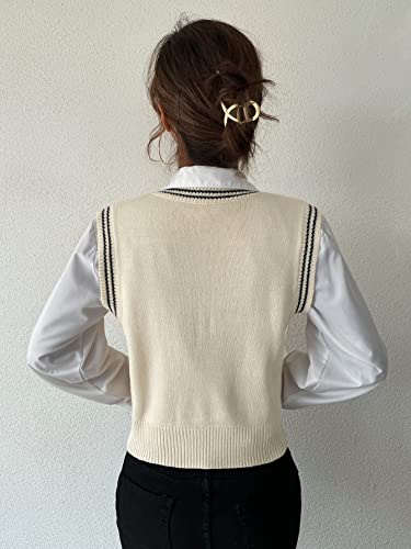 Verdusa Women's Knit Sweater Vest Preppy Style V Neck Sleeveless Vintage Tank Tops Beige M #TOP1