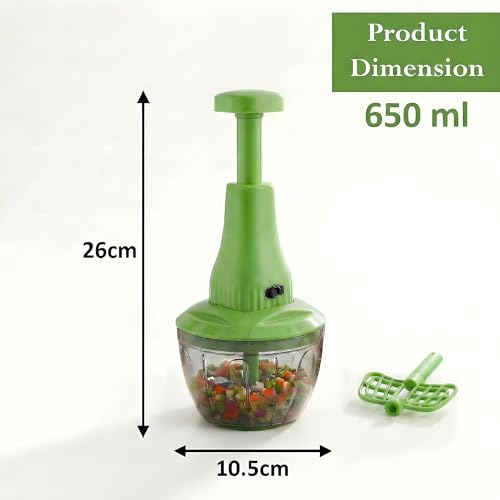 Image of Chopper for Kitchen Use | 650 ml Round Push Chopper with 3 Blades and Whisker | Chopping Vegetables & Fruits, Onion, Ginger, Garlic, Salad, Tomato, Potato (Green)