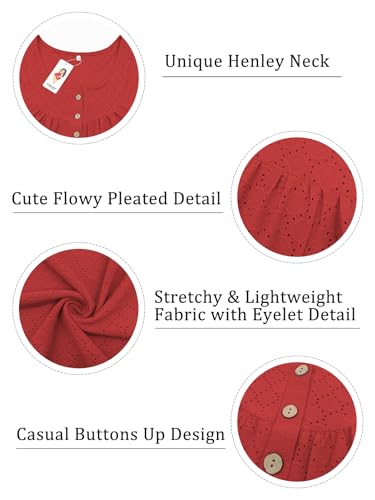 Image of VISLILY Womens-Plus-Size-Summer-Tops Buttons Up Henley Shirts Flowy Pleated Tunics Trendy Eyelet Short Sleeve Blouses