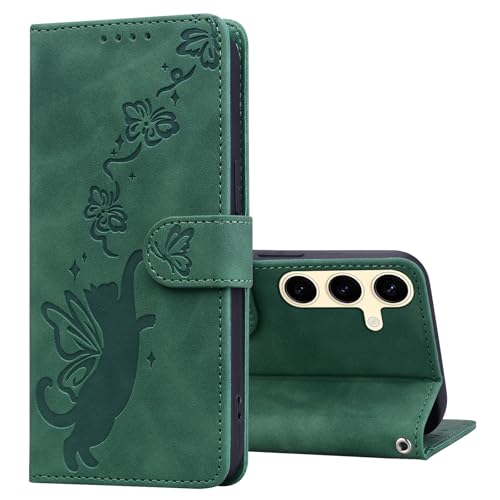 Refilerss Wallet Case for Samsung Galaxy S25 Plus Case Premium Leather Flip Cover with Card Holder Magnetic Closure Butterfly Cat Pattern Kickstand Shockproof Protective Phone Case - Green