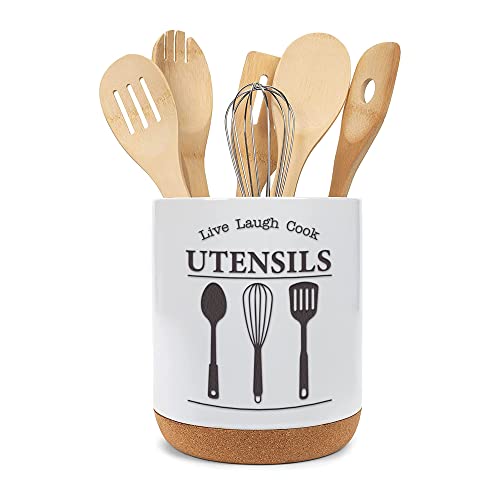 Elanze Designs Live Laugh Cook White X-Large Cork Bottom Kitchen Utensil Holder